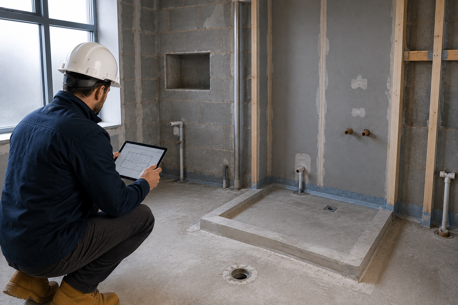 Waterproofing survey specialist inspecting an unfinished bathroom in London with a tablet